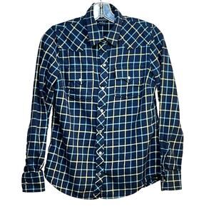Lucky Brand Western Pearl Snap Shirt Cotton Flannel Blue Plaid L/S Women's Small